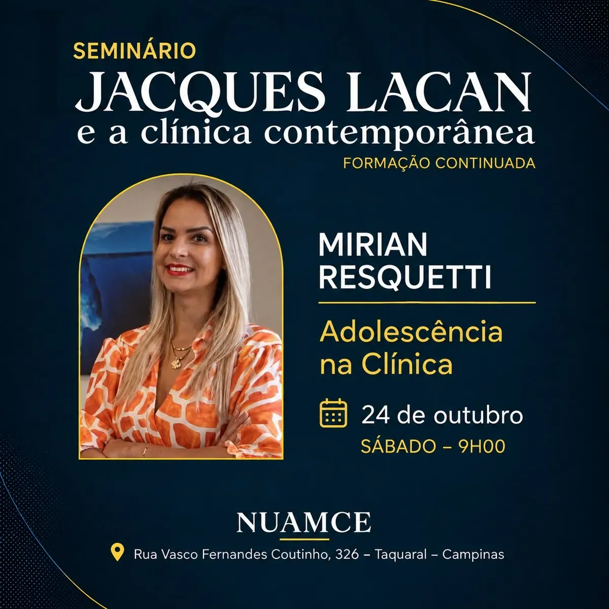 Cartaz do seminário Adolescência na Clínica com a psicanalista Mirian Resquetti