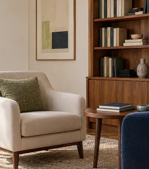 Ambiente de espera acolhedor, com poltronas e luz natural