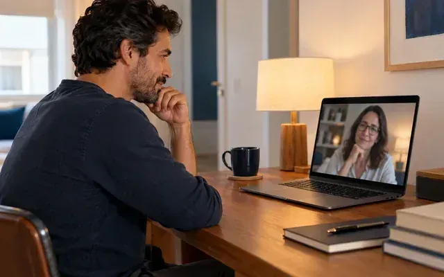 Pessoa participa de uma sessão de psicanálise online em casa, com privacidade