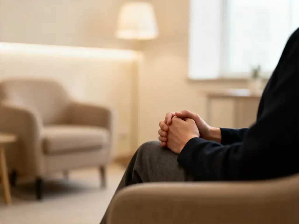 Imagem acolhedora e desfocada em consultório terapêutico para psicanálise em Campinas, ambiente tranquilo e profissional sem rostos visíveis