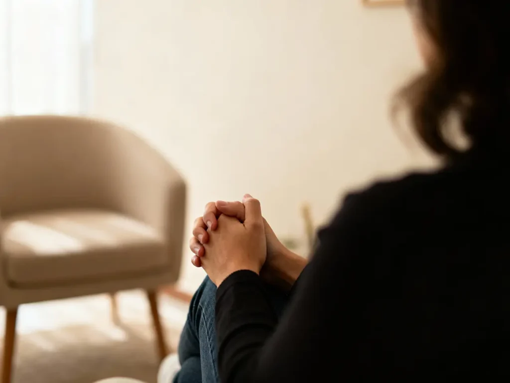 Imagem acolhedora e desfocada em consultório terapêutico para psicólogos em Campinas, sem rostos visíveis, com tonalidade clara bege.