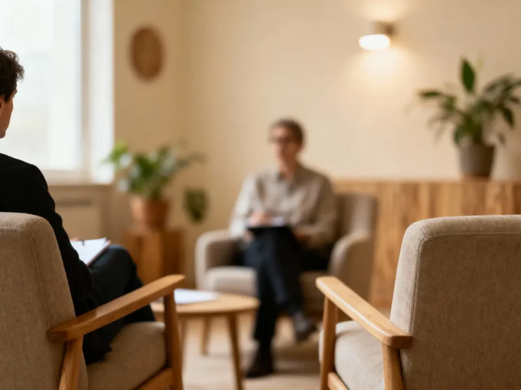 Efeito desfocado em uma sala de atendimento psiquiátrico com tons bege, pessoas sem rostos visíveis, criando uma atmosfera acolhedora e confidencial.