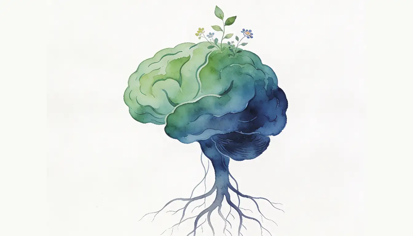 Ilustração artística de um cérebro com raízes e flores em aquarela verde e azul, simbolizando o crescimento emocional através da psicanálise em Campinas na clínica NUAMCE.