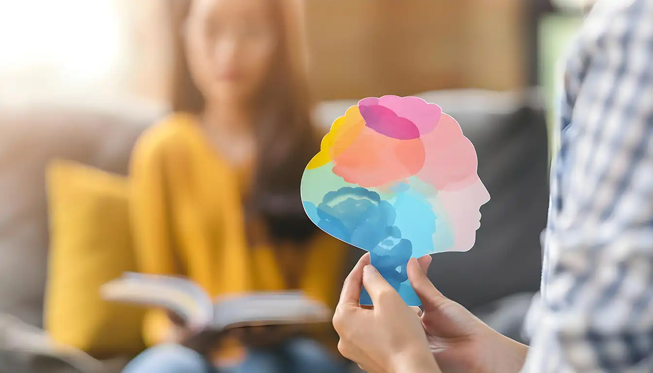 Pessoa segurando silhueta de cabeça humana colorida simbolizando saúde mental durante o Janeiro Branco 2026, com foco em paz e equilíbrio emocional.