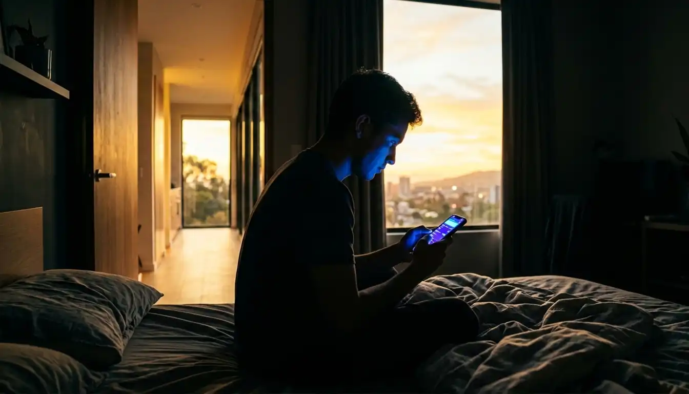 Homem sentado na cama em um quarto escuro, iluminado apenas pela luz azul da tela do celular, enquanto a luz do sol amanhece pela janela ao fundo. Representação do isolamento causado pelo vício em jogos de aposta e bets.
