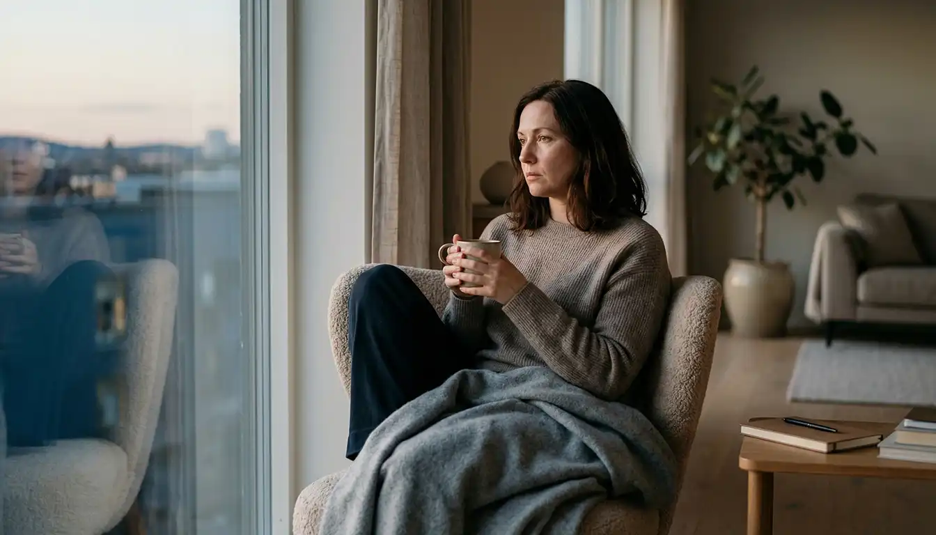 Mulher em silêncio olhando pela janela com expressão introspectiva, representando angústia sem motivo aparente em ambiente acolhedor