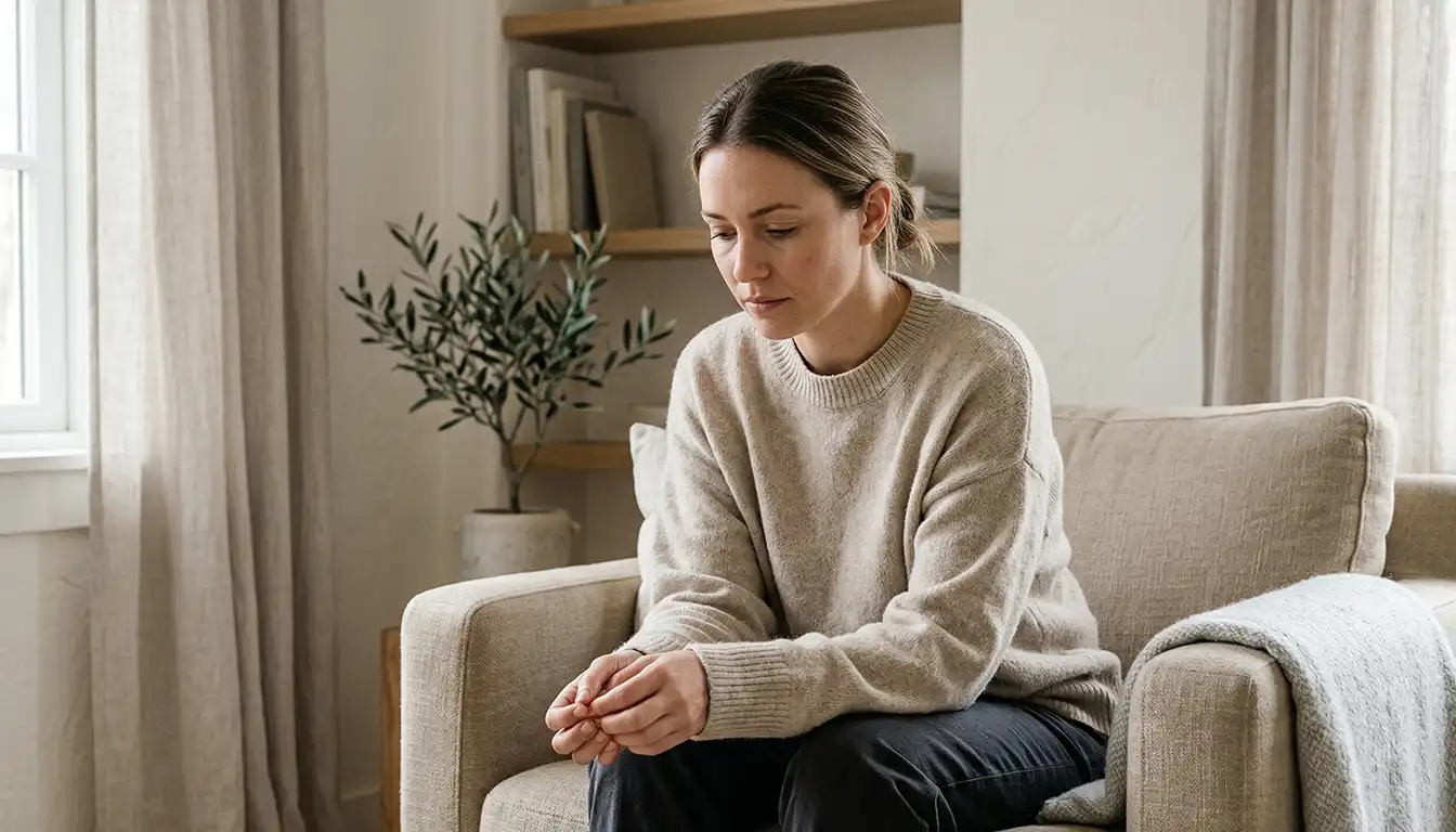 Mulher sentada em poltrona, em momento de introspecção, representando ansiedade, angústia e cansaço emocional em Campinas, SP, em imagem de capa do NUAMCE.