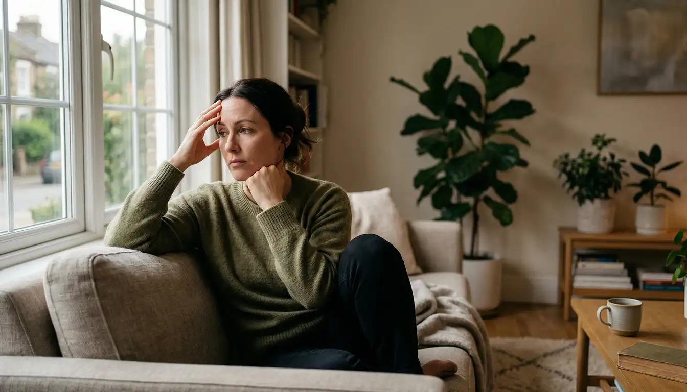 Mulher em momento de introspecção representando ansiedade no dia a dia em Campinas, SP na clínica de psicanálise NUAMCE