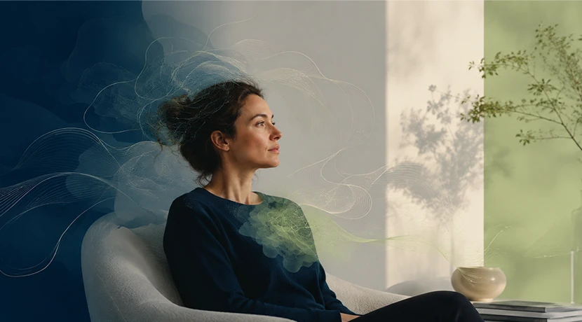 Mulher em momento de reflexão com formas abstratas representando ansiedade e pensamentos.